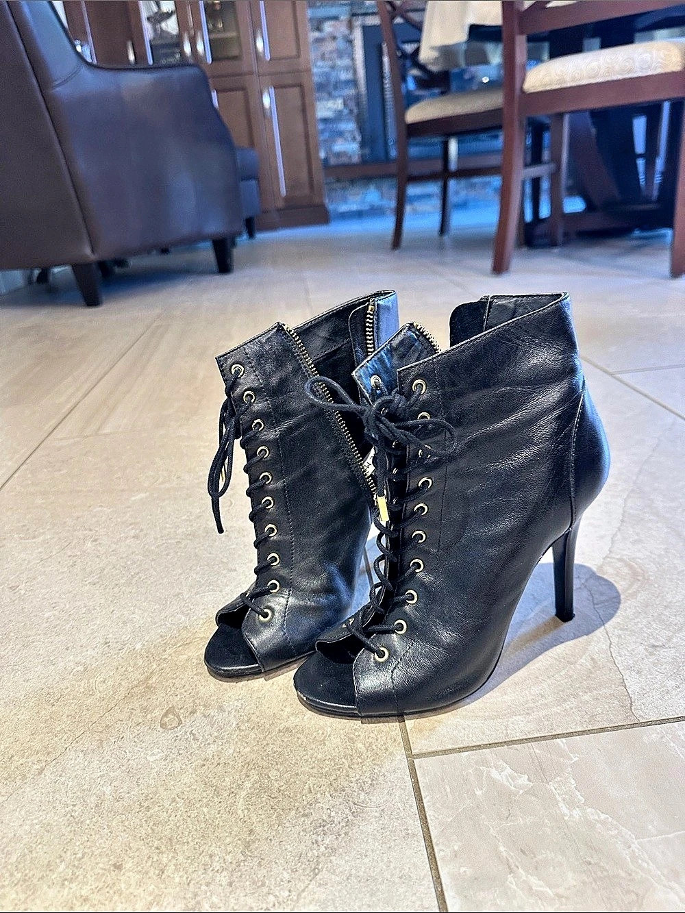 Steve Madden Allnight Black Lace-Up Peep-Toe Heels